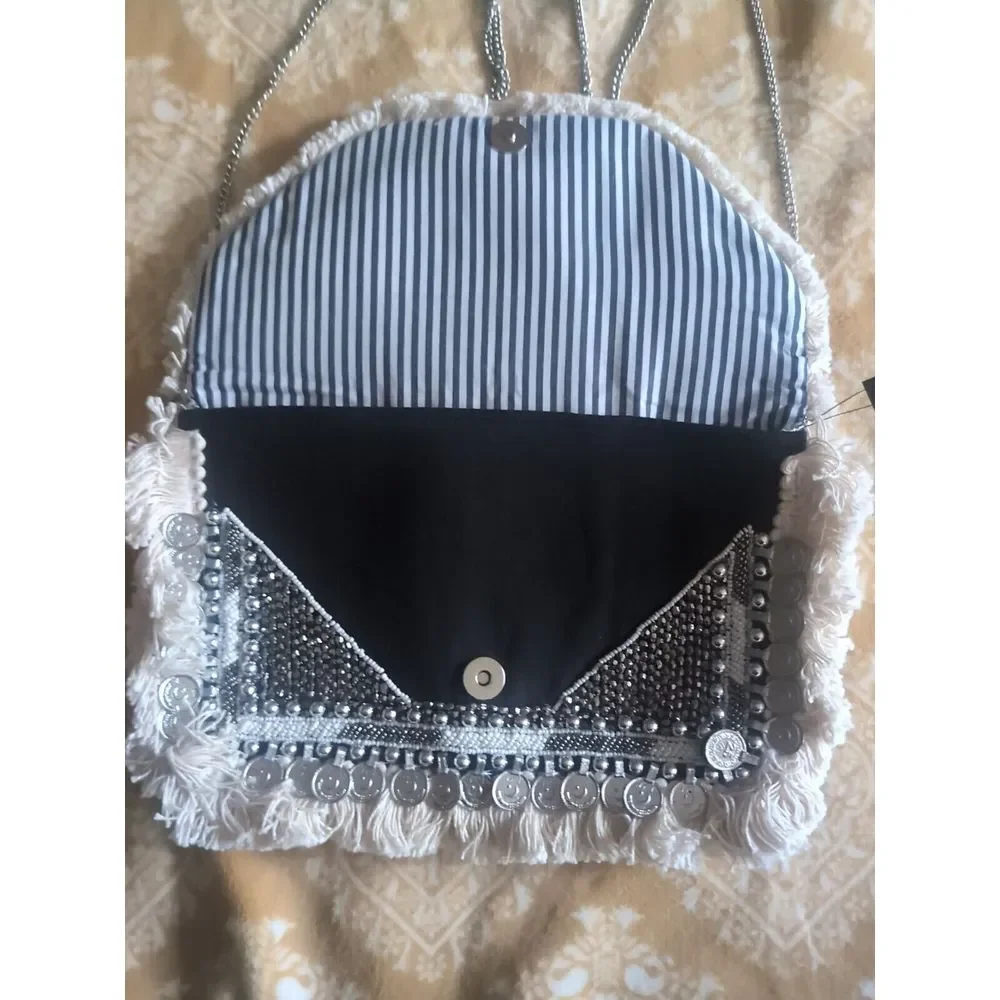 New Lulus‎ Beaded Moon star Design Purse Black W/ Fringe Bohemian Boho chain